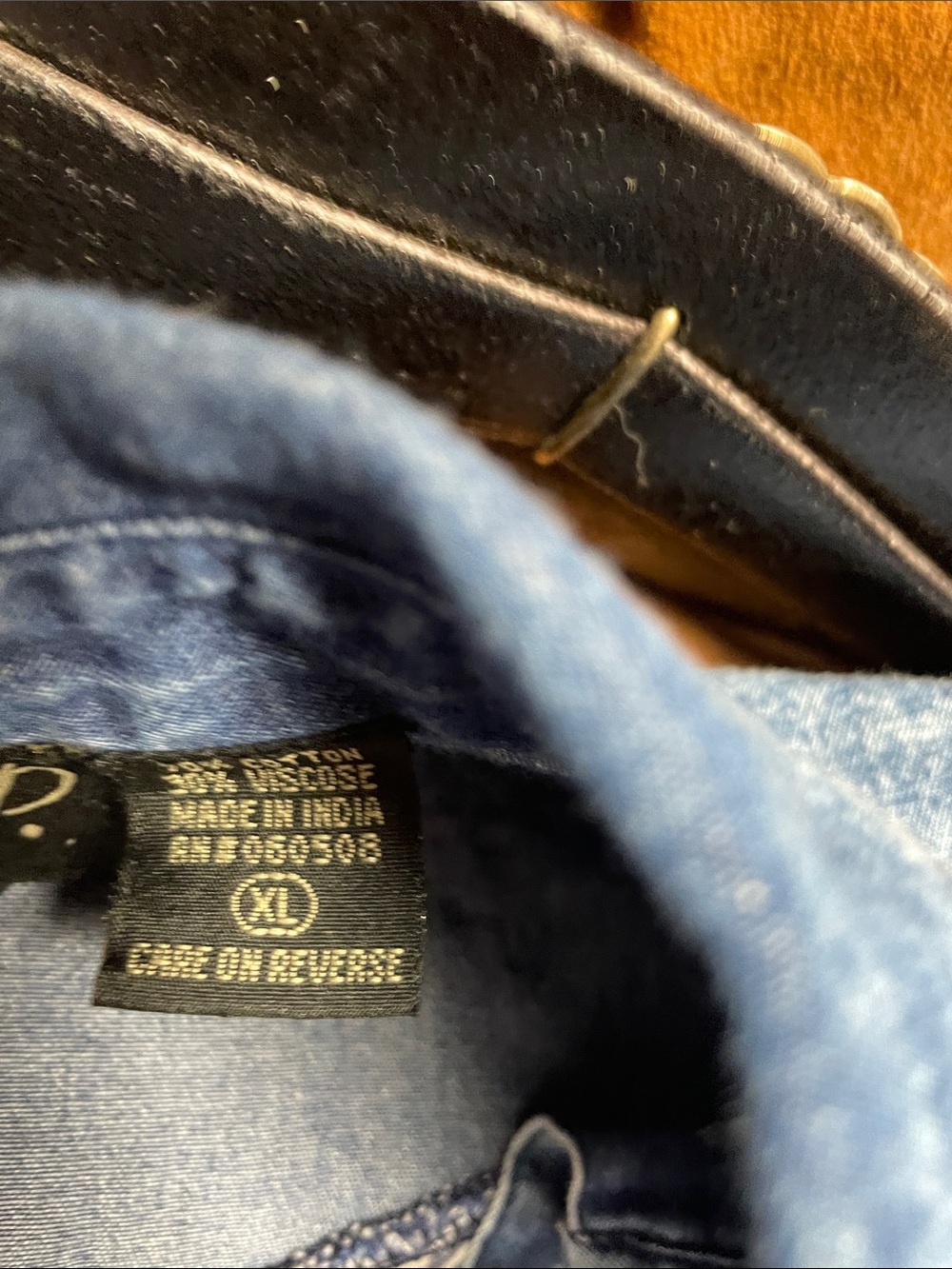 Embellished Light Blue Denim Button-Down Shirt patchwork, xl - Picture 3 of 7